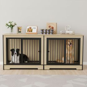 Dog Crate Furniture with Two Combined Room, XL Large Double Dog Cage Furniture with Tray for Medium Large Dogs, Wooden Dog Kennel Furniture