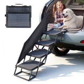 Dog Stairs for Car, 4 Steps Extra Wide Foldable Dog Ramp for Large Dogs with Non-Slip Rug Surface, Portable Lightweight Pet Ladder for Car, SUV, Truck