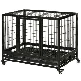 36" Heavy Duty Dog Crate with Removable Tray, Lockable Wheels and Double Door, for Medium and Large Dogs, Black